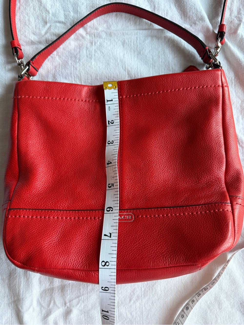 Coach Red Pebbled Leather Shoulder Bag with Tan Charm - Picture 6 of 8